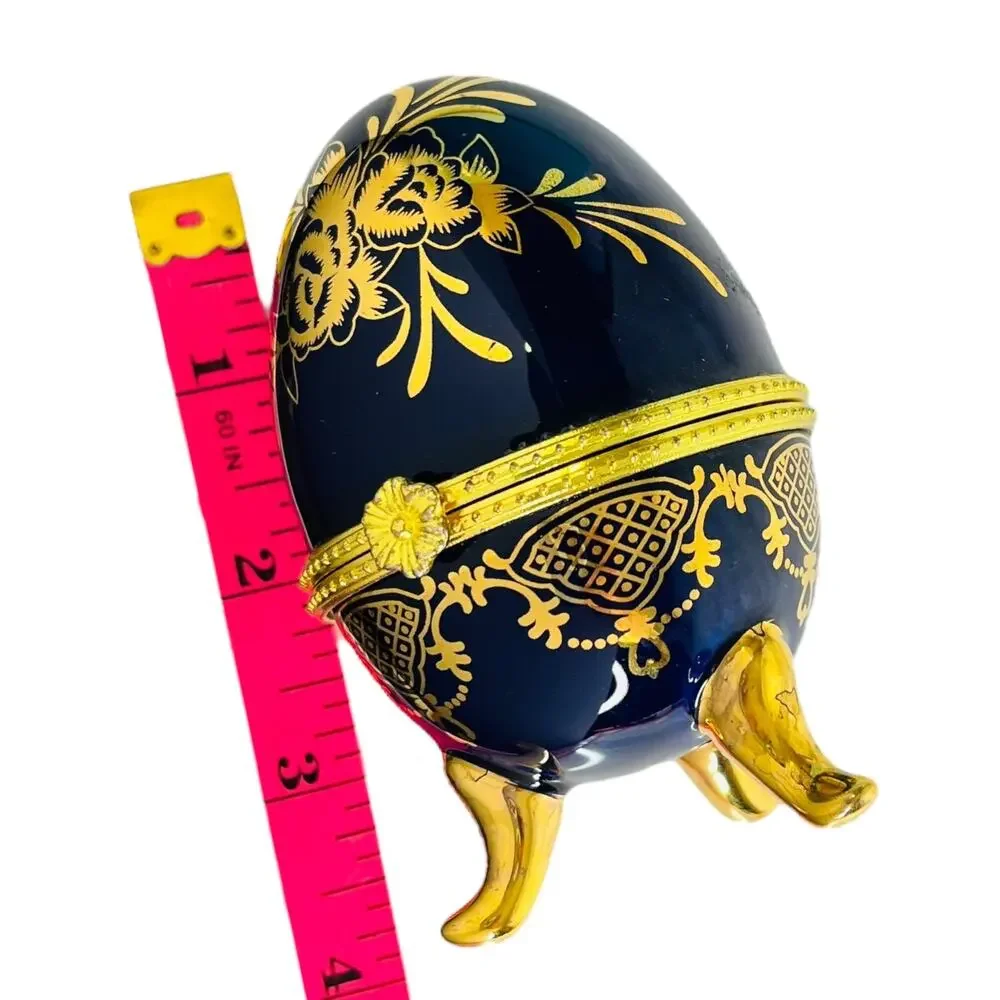 Porcelain Egg Trinket Box Hinged Footed Ring Holder Lg 4” Cobalt Blue Gold Vtg